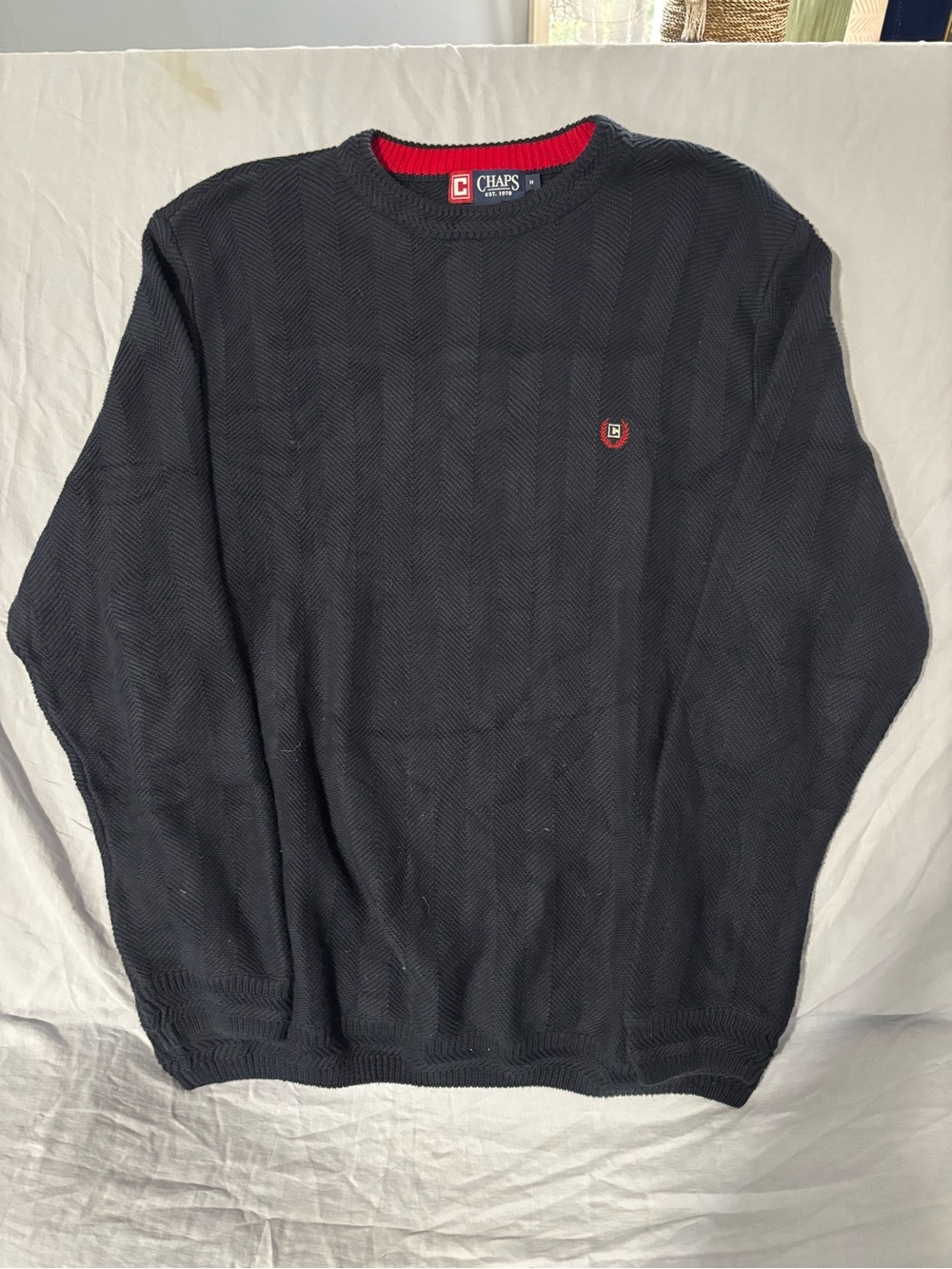 Chaps Men’s Navy Crewneck Sweater with Red Trim
